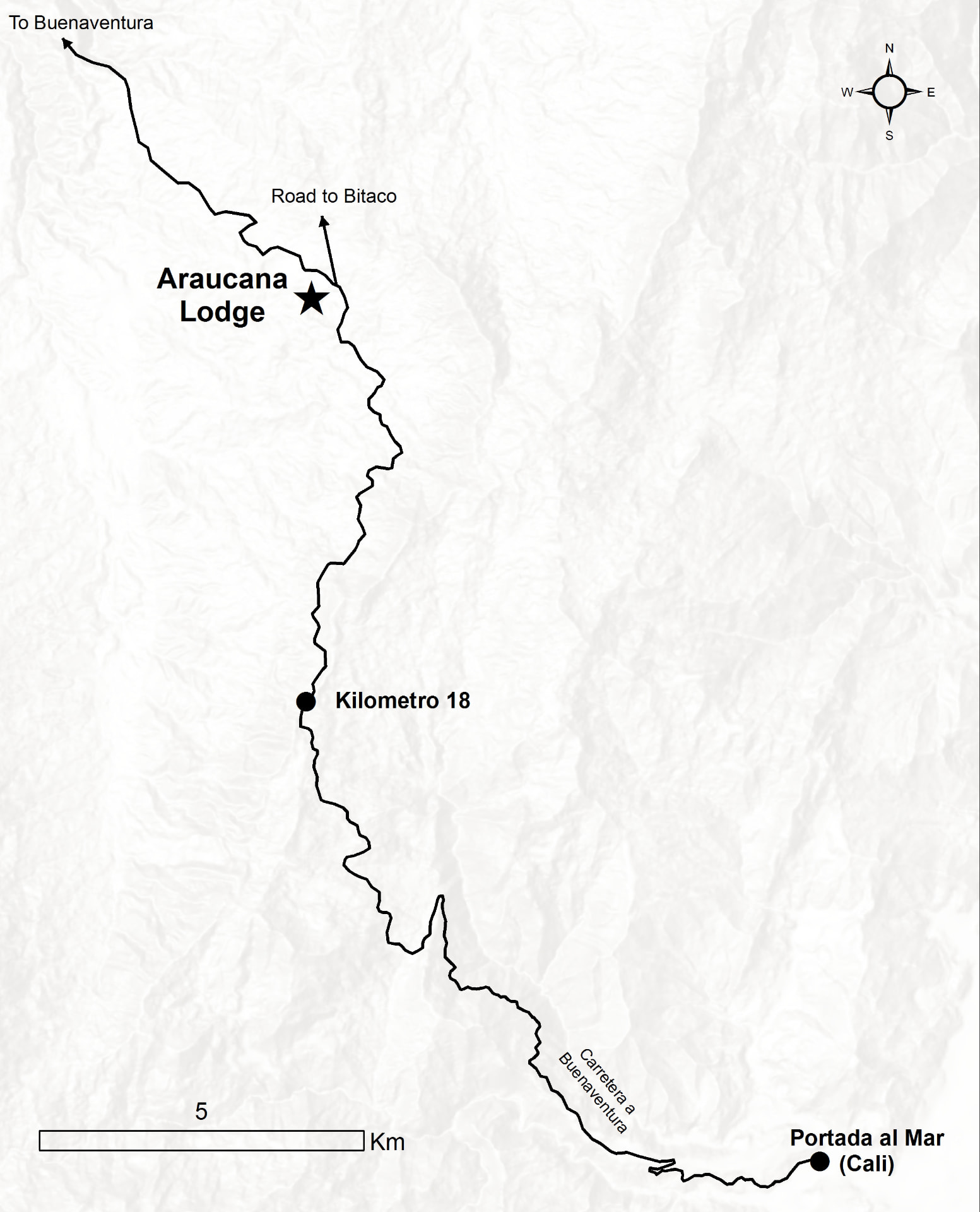 Mapa de la ruta desde Portada al Mar, en Cali, pasando por el Kilómetro 18, hasta Araucana Lodge